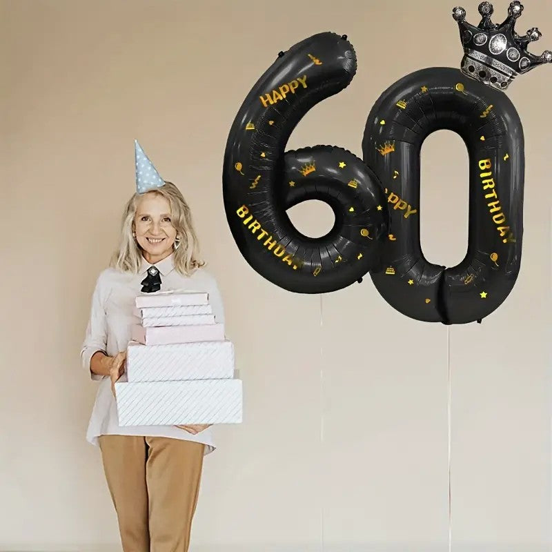 Balon din Folie Metalizata, Figurina Cifra, Scris Happy Birthday, Tema Aniversare 100 cm, Ambalaj Individual, Pai inclus, Umflare cu Aer sau Heliu, Negru, Cifra 0