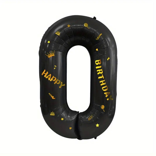 Balon din Folie Metalizata, Figurina Cifra, Scris Happy Birthday, Tema Aniversare 100 cm, Ambalaj Individual, Pai inclus, Umflare cu Aer sau Heliu, Negru, Cifra 0
