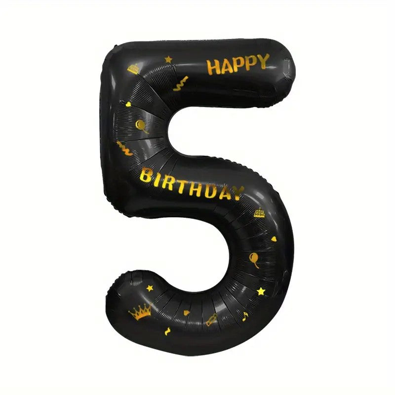 Balon din Folie Metalizata, Figurina Cifra, Scris Happy Birthday, Tema Aniversare 100 cm, Ambalaj Individual, Pai inclus, Umflare cu Aer sau Heliu, Negru, Cifra 5