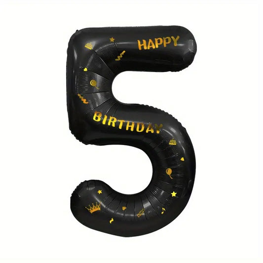 Balon din Folie Metalizata, Figurina Cifra, Scris Happy Birthday, Tema Aniversare 100 cm, Ambalaj Individual, Pai inclus, Umflare cu Aer sau Heliu, Negru, Cifra 5