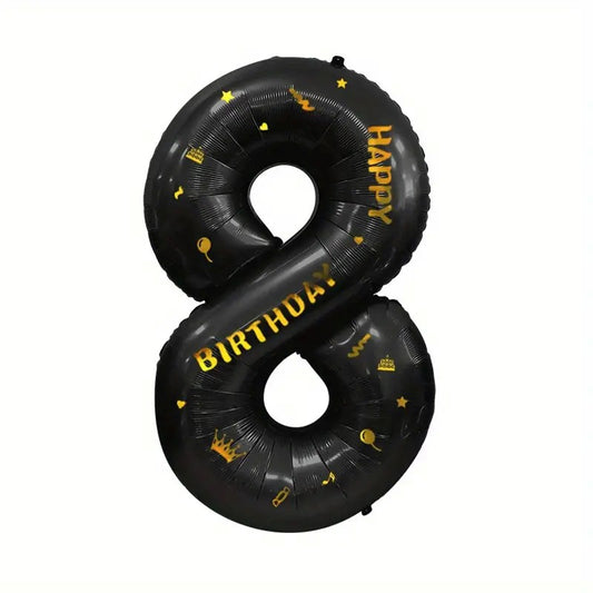 Balon din Folie Metalizata, Figurina Cifra, Scris Happy Birthday, Tema Aniversare 100 cm, Ambalaj Individual, Pai inclus, Umflare cu Aer sau Heliu, Negru, Cifra 8