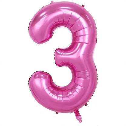 Balon din Folie Metalizata, Figurina Cifra si Coroana, Tema Aniversare 100 cm, Ambalaj Individual, Pai inclus, Umflare cu Aer sau Heliu, Roz, Cifra 3