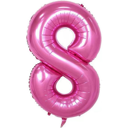 Balon din Folie Metalizata, Figurina Cifra si Coroana, Tema Aniversare 100 cm, Ambalaj Individual, Pai inclus, Umflare cu Aer sau Heliu, Roz, Cifra 8
