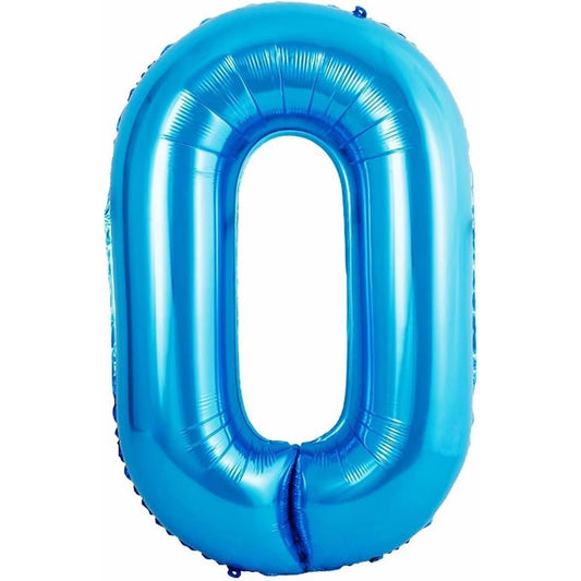 Balon din Folie Metalizata, Figurina Cifra si Coroana, Tema Aniversare 100 cm, Ambalaj Individual, Pai inclus, Umflare cu Aer sau Heliu, Albastru, Cifra 0