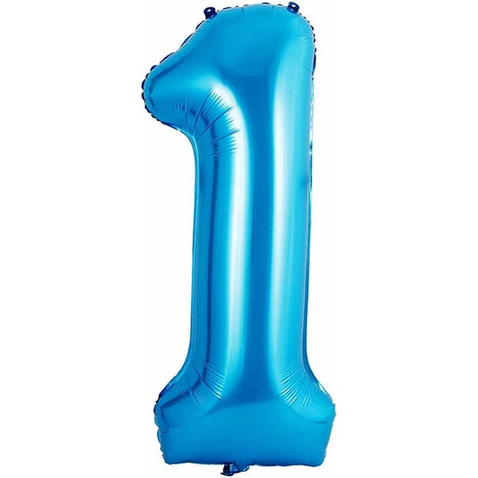 Balon din Folie Metalizata, Figurina Cifra si Coroana, Tema Aniversare 100 cm, Ambalaj Individual, Pai inclus, Umflare cu Aer sau Heliu, Albastru, Cifra 1