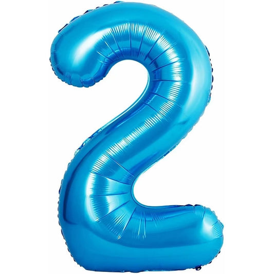Balon din Folie Metalizata, Figurina Cifra si Coroana, Tema Aniversare 100 cm, Ambalaj Individual, Pai inclus, Umflare cu Aer sau Heliu, Albastru, Cifra 2