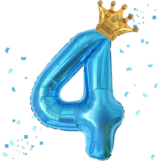 Balon din Folie Metalizata, Figurina Cifra si Coroana, Tema Aniversare 100 cm, Ambalaj Individual, Pai inclus, Umflare cu Aer sau Heliu, Albastru, Cifra 4