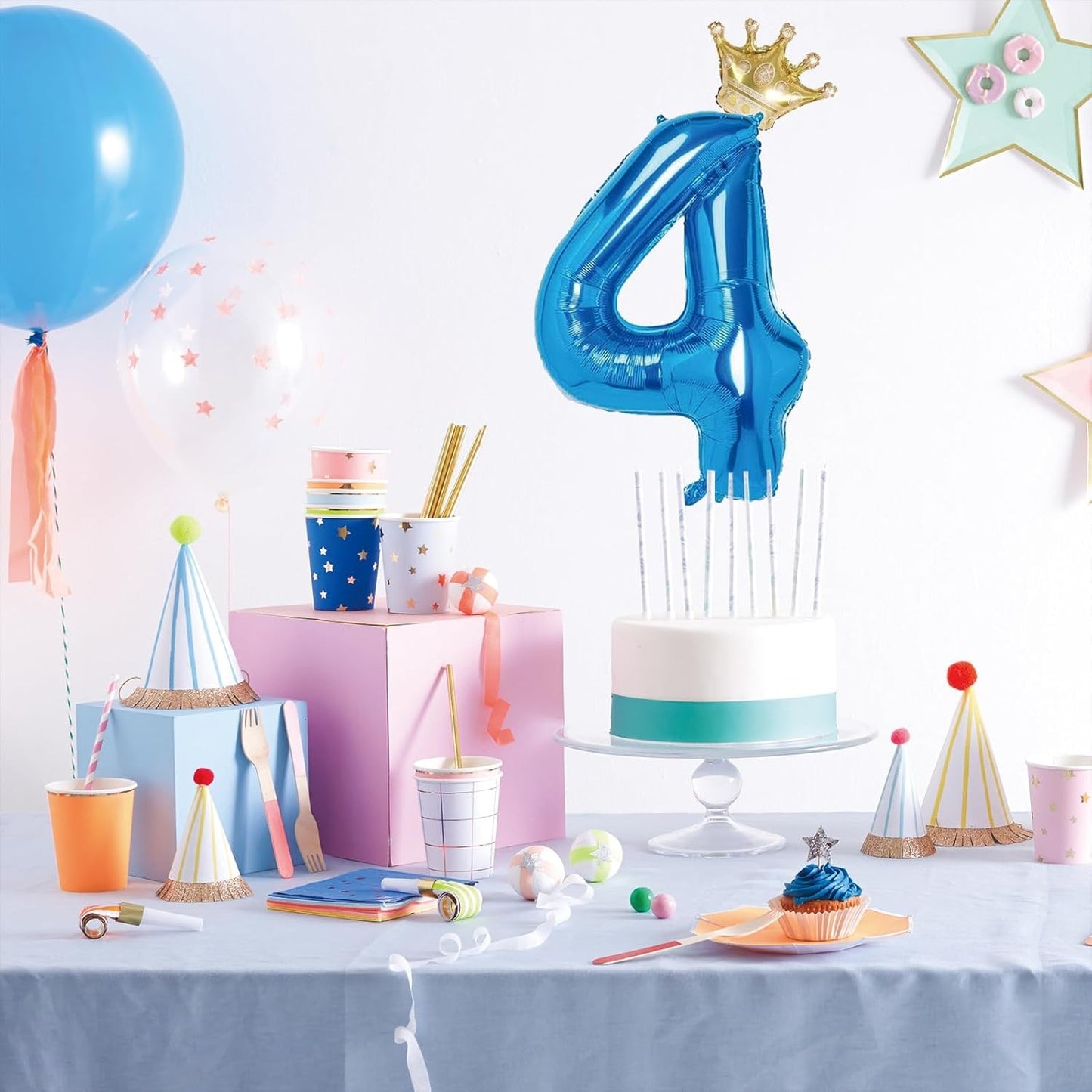 Balon din Folie Metalizata, Figurina Cifra si Coroana, Tema Aniversare 100 cm, Ambalaj Individual, Pai inclus, Umflare cu Aer sau Heliu, Albastru, Cifra 4