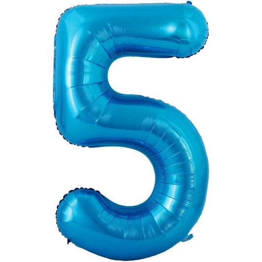 Balon din Folie Metalizata, Figurina Cifra si Coroana, Tema Aniversare 100 cm, Ambalaj Individual, Pai inclus, Umflare cu Aer sau Heliu, Albastru, Cifra 5