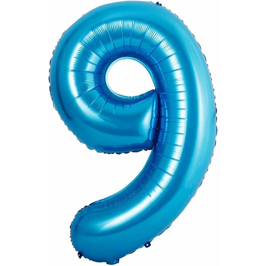 Balon din Folie Metalizata, Figurina Cifra si Coroana, Tema Aniversare 100 cm, Ambalaj Individual, Pai inclus, Umflare cu Aer sau Heliu, Albastru, Cifra 9