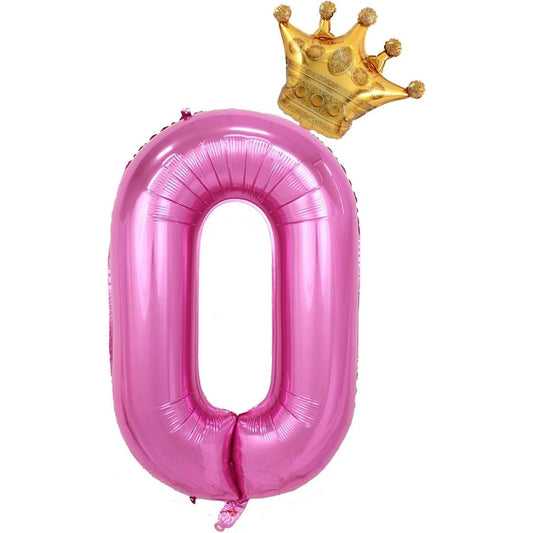 Balon din Folie Metalizata, Figurina Cifra si Coroana, Tema Aniversare 100 cm, Ambalaj Individual, Pai inclus, Umflare cu Aer sau Heliu, Roz, Cifra 0
