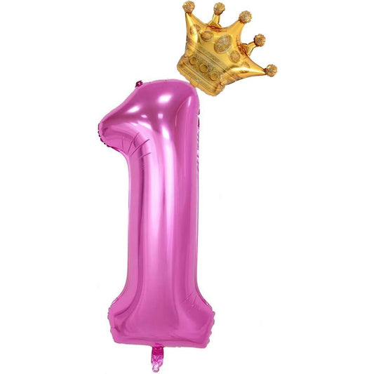 Balon din Folie Metalizata, Figurina Cifra si Coroana, Tema Aniversare 100 cm, Ambalaj Individual, Pai inclus, Umflare cu Aer sau Heliu, Roz, Cifra 1