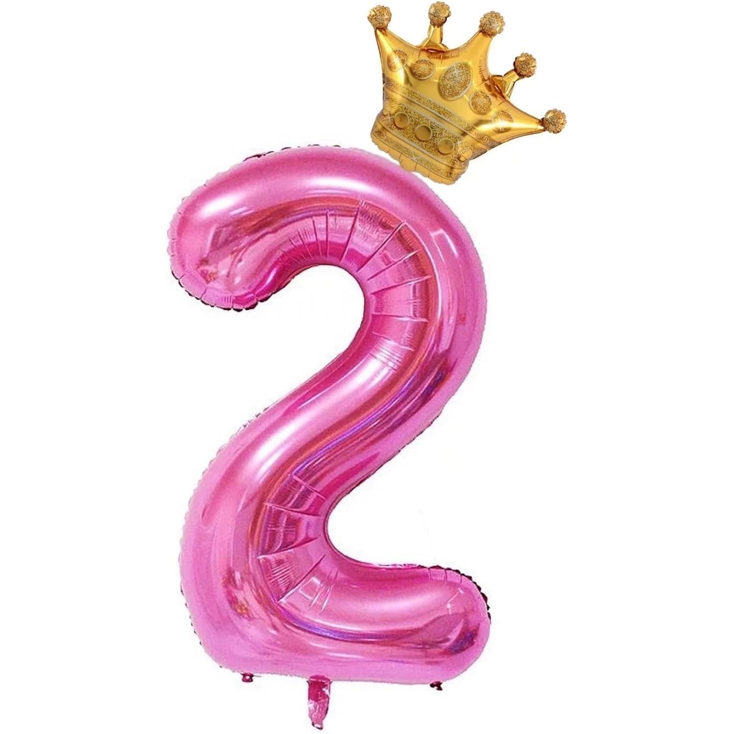 Balon din Folie Metalizata, Figurina Cifra si Coroana, Tema Aniversare 100 cm, Ambalaj Individual, Pai inclus, Umflare cu Aer sau Heliu, Roz, Cifra 2