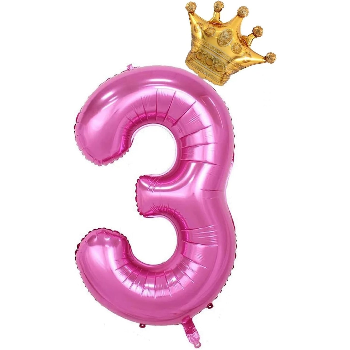 Balon din Folie Metalizata, Figurina Cifra si Coroana, Tema Aniversare 100 cm, Ambalaj Individual, Pai inclus, Umflare cu Aer sau Heliu, Roz, Cifra 3