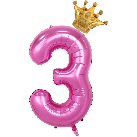 Balon din Folie Metalizata, Figurina Cifra si Coroana, Tema Aniversare 100 cm, Ambalaj Individual, Pai inclus, Umflare cu Aer sau Heliu, Roz, Cifra 3