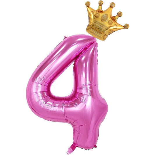 Balon din Folie Metalizata, Figurina Cifra si Coroana, Tema Aniversare 100 cm, Ambalaj Individual, Pai inclus, Umflare cu Aer sau Heliu, Roz, Cifra 4