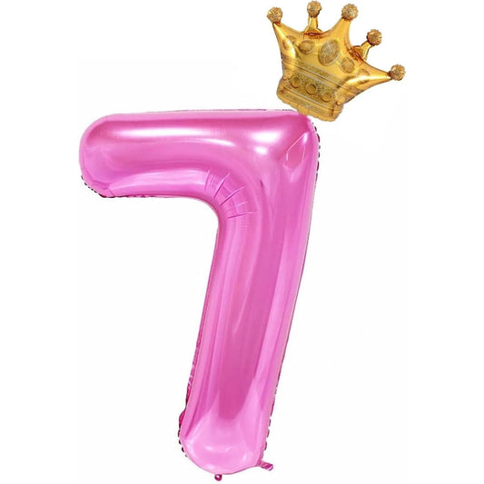 Balon din Folie Metalizata, Figurina Cifra si Coroana, Tema Aniversare 100 cm, Ambalaj Individual, Pai inclus, Umflare cu Aer sau Heliu, Roz, Cifra 7