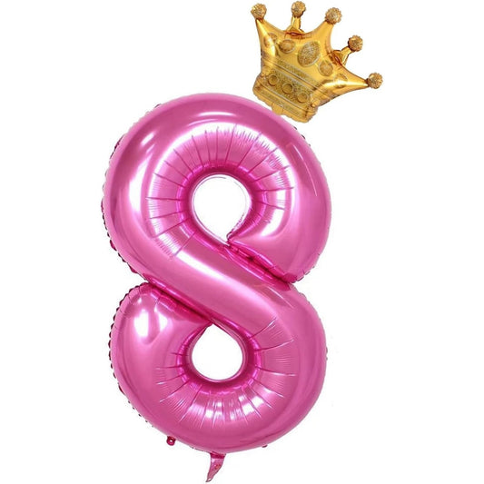 Balon din Folie Metalizata, Figurina Cifra si Coroana, Tema Aniversare 100 cm, Ambalaj Individual, Pai inclus, Umflare cu Aer sau Heliu, Roz, Cifra 8