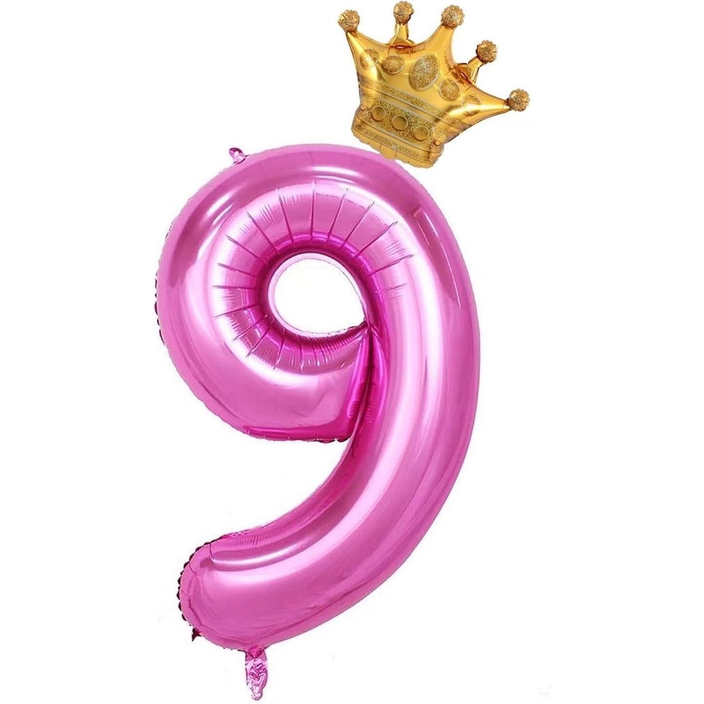 Balon din Folie Metalizata, Figurina Cifra si Coroana, Tema Aniversare 100 cm, Ambalaj Individual, Pai inclus, Umflare cu Aer sau Heliu, Roz, Cifra 9