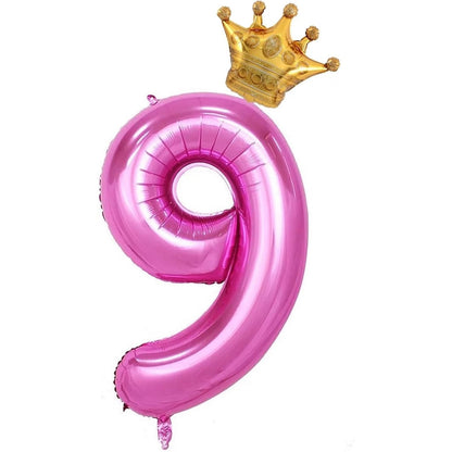 Balon din Folie Metalizata, Figurina Cifra si Coroana, Tema Aniversare 100 cm, Ambalaj Individual, Pai inclus, Umflare cu Aer sau Heliu, Roz, Cifra 9