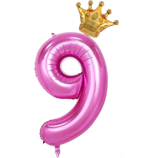 Balon din Folie Metalizata, Figurina Cifra si Coroana, Tema Aniversare 100 cm, Ambalaj Individual, Pai inclus, Umflare cu Aer sau Heliu, Roz, Cifra 9