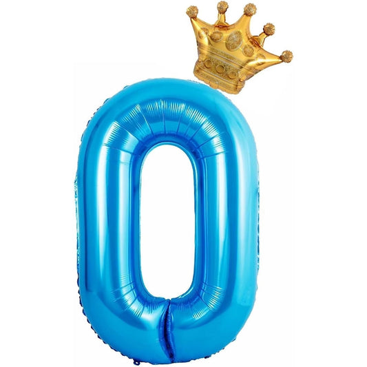 Balon din Folie Metalizata, Figurina Cifra si Coroana, Tema Aniversare 100 cm, Ambalaj Individual, Pai inclus, Umflare cu Aer sau Heliu, Albastru, Cifra 0
