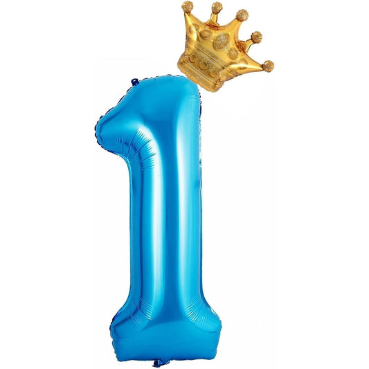 Balon din Folie Metalizata, Figurina Cifra si Coroana, Tema Aniversare 100 cm, Ambalaj Individual, Pai inclus, Umflare cu Aer sau Heliu, Albastru, Cifra 1