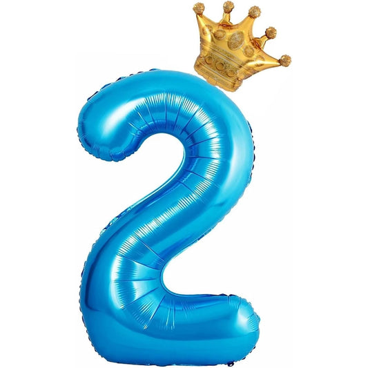 Balon din Folie Metalizata, Figurina Cifra si Coroana, Tema Aniversare 100 cm, Ambalaj Individual, Pai inclus, Umflare cu Aer sau Heliu, Albastru, Cifra 2