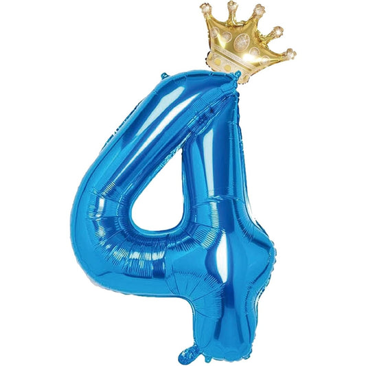 Balon din Folie Metalizata, Figurina Cifra si Coroana, Tema Aniversare 100 cm, Ambalaj Individual, Pai inclus, Umflare cu Aer sau Heliu, Albastru, Cifra 4