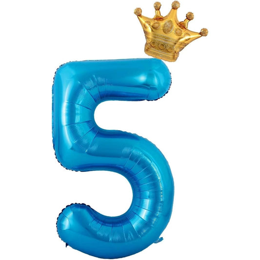 Balon din Folie Metalizata, Figurina Cifra si Coroana, Tema Aniversare 100 cm, Ambalaj Individual, Pai inclus, Umflare cu Aer sau Heliu, Albastru, Cifra 5