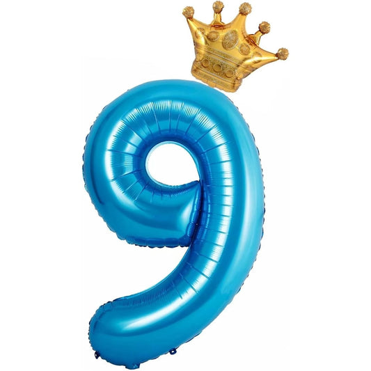 Balon din Folie Metalizata, Figurina Cifra si Coroana, Tema Aniversare 100 cm, Ambalaj Individual, Pai inclus, Umflare cu Aer sau Heliu, Albastru, Cifra 9