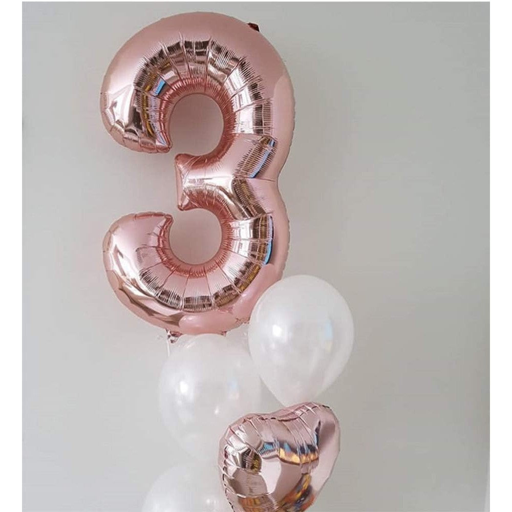 Balon din Folie Metalizata, Figurina Cifra, Tema Aniversare 100 cm, Ambalaj Individual, Pai inclus, Umflare cu Aer sau Heliu, Coral, Rose Gold, Cifra 3