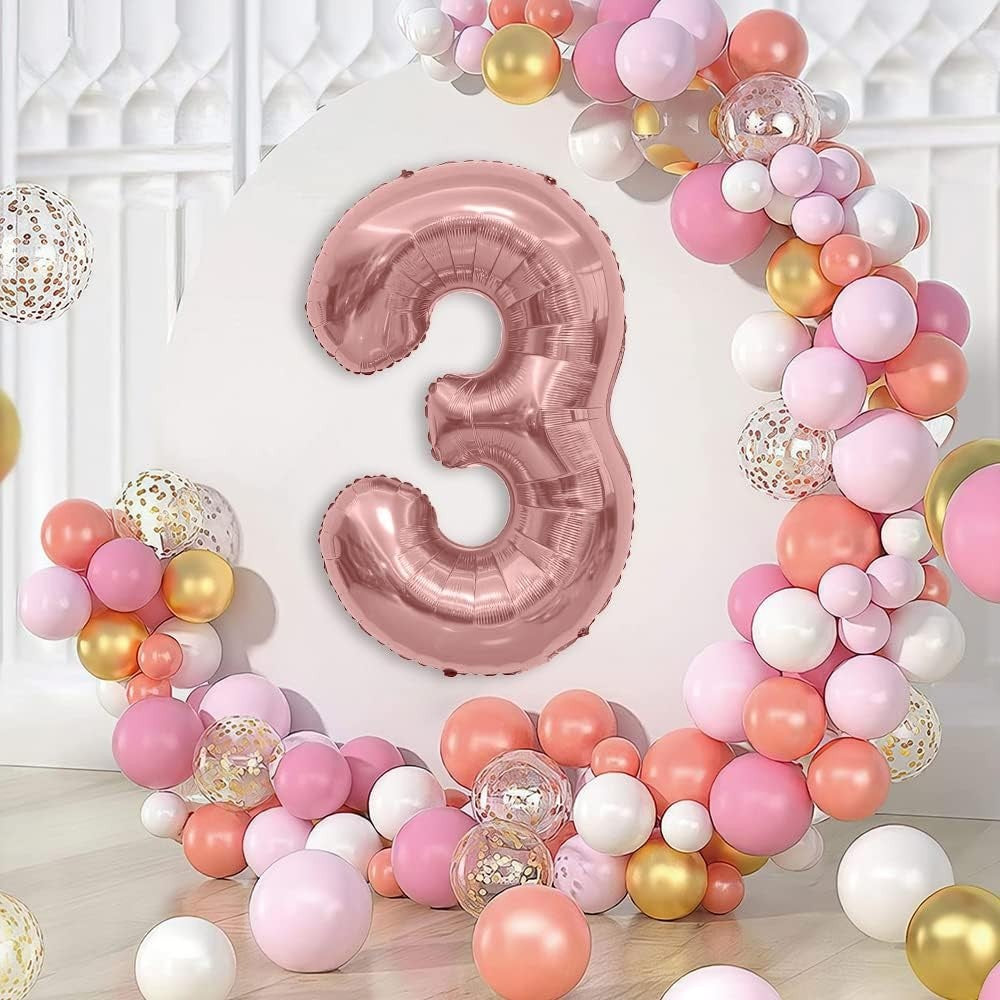 Balon din Folie Metalizata, Figurina Cifra, Tema Aniversare 100 cm, Ambalaj Individual, Pai inclus, Umflare cu Aer sau Heliu, Coral, Rose Gold, Cifra 3