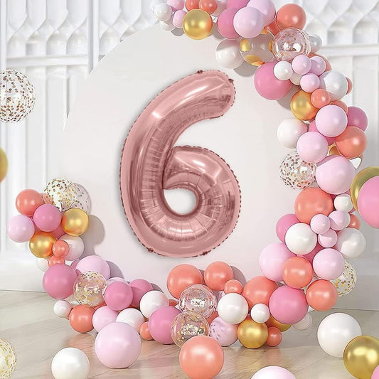 Balon din Folie Metalizata, Figurina Cifra, Tema Aniversare 100 cm, Ambalaj Individual, Pai inclus, Umflare cu Aer sau Heliu, Coral, Rose, Cifra 6