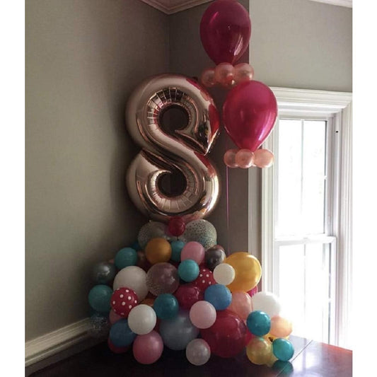 Balon din Folie Metalizata, Figurina Cifra, Tema Aniversare 100 cm, Ambalaj Individual, Pai inclus, Umflare cu Aer sau Heliu, Coral, Rose Gold, Cifra 8