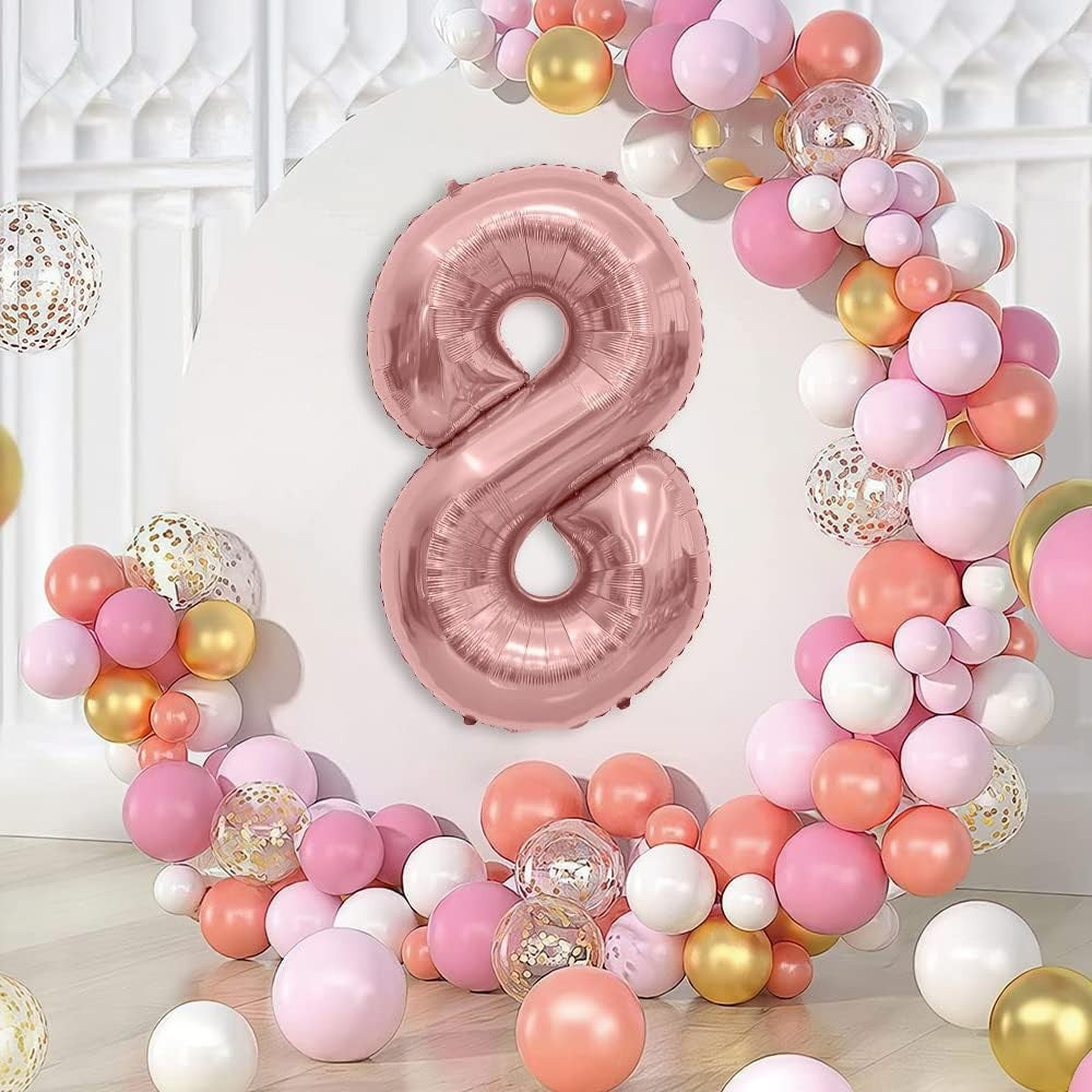 Balon din Folie Metalizata, Figurina Cifra, Tema Aniversare 100 cm, Ambalaj Individual, Pai inclus, Umflare cu Aer sau Heliu, Coral, Rose Gold, Cifra 8