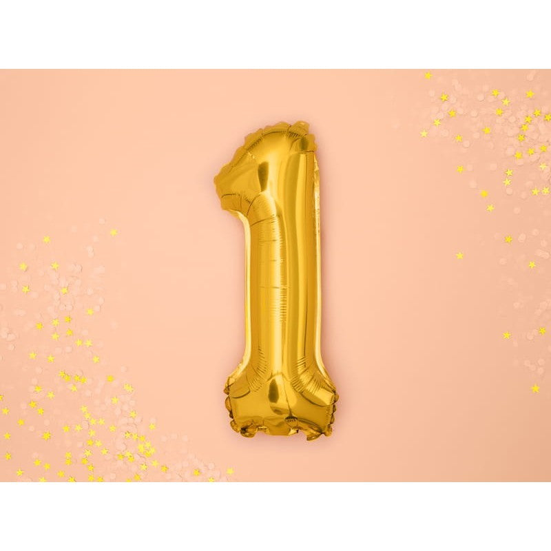 Balon din Folie Metalizata, Figurina Cifra, Tema Aniversare 100 cm, Ambalaj Individual, Pai inclus, Umflare cu Aer sau Heliu, Auriu, Cifra 1