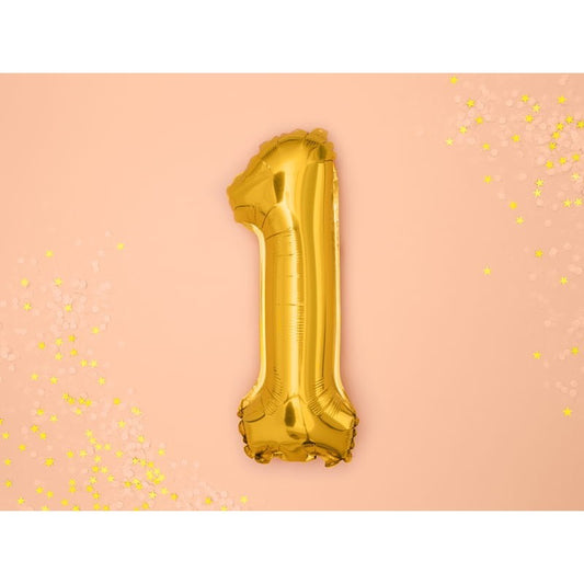 Balon din Folie Metalizata, Figurina Cifra, Tema Aniversare 100 cm, Ambalaj Individual, Pai inclus, Umflare cu Aer sau Heliu, Auriu, Cifra 1