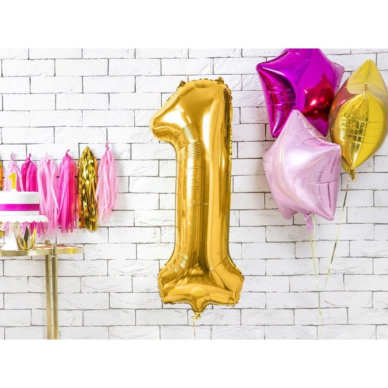 Balon din Folie Metalizata, Figurina Cifra, Tema Aniversare 100 cm, Ambalaj Individual, Pai inclus, Umflare cu Aer sau Heliu, Auriu, Cifra 1