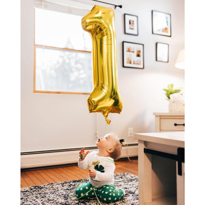 Balon din Folie Metalizata, Figurina Cifra, Tema Aniversare 100 cm, Ambalaj Individual, Pai inclus, Umflare cu Aer sau Heliu, Auriu, Cifra 1