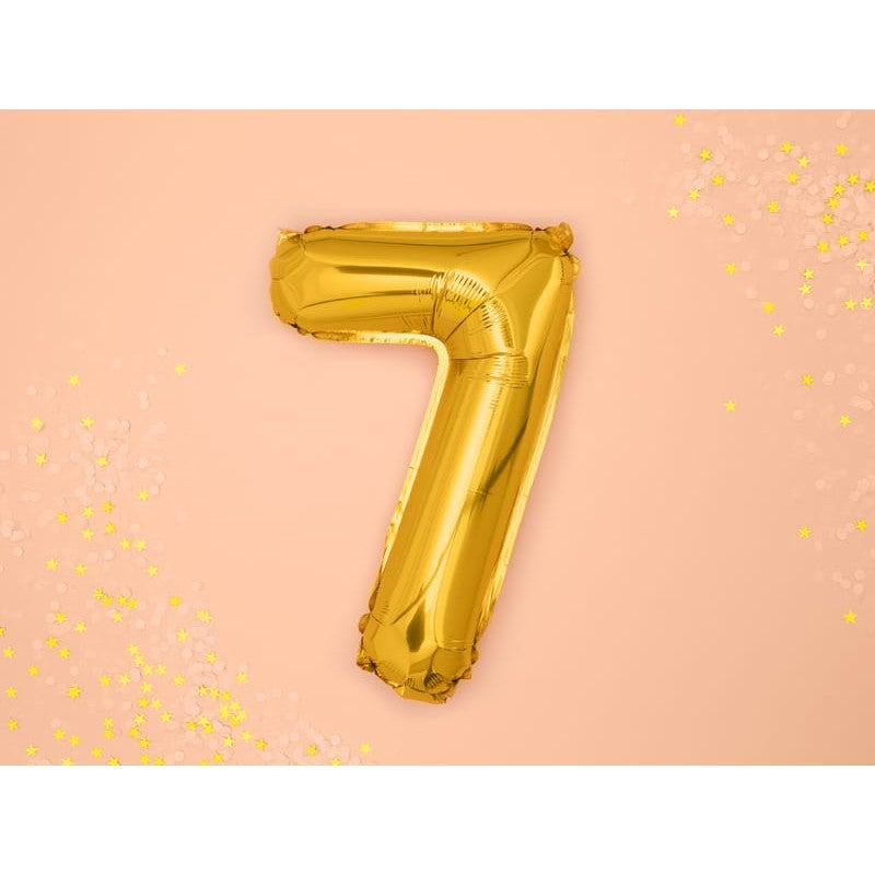 Balon din Folie Metalizata, Figurina Cifra, Tema Aniversare 100 cm, Ambalaj Individual, Pai inclus, Umflare cu Aer sau Heliu, Auriu, Cifra 7