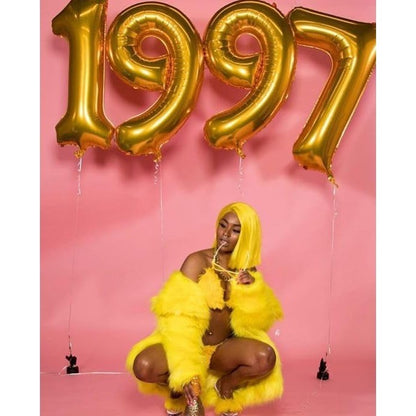Balon din Folie Metalizata, Figurina Cifra, Tema Aniversare 100 cm, Ambalaj Individual, Pai inclus, Umflare cu Aer sau Heliu, Auriu, Cifra 7