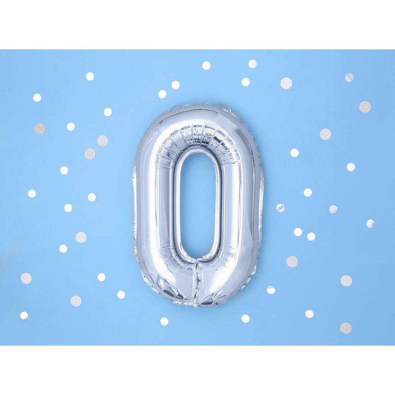 Balon din Folie Metalizata, Figurina Cifra, Tema Aniversare 100 cm, Ambalaj Individual, Pai inclus, Umflare cu Aer sau Heliu, Argintiu, Cifra 0