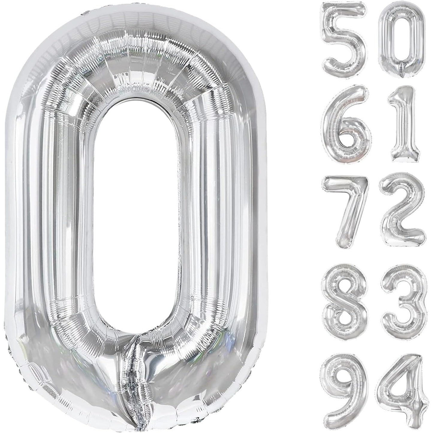 Balon din Folie Metalizata, Figurina Cifra, Tema Aniversare 100 cm, Ambalaj Individual, Pai inclus, Umflare cu Aer sau Heliu, Argintiu, Cifra 0