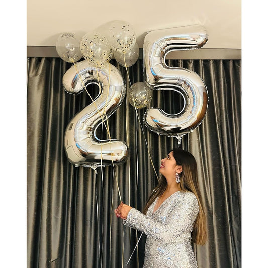 Balon din Folie Metalizata, Figurina Cifra, Tema Aniversare 100 cm, Ambalaj Individual, Pai inclus, Umflare cu Aer sau Heliu, Argintiu, Cifra 2