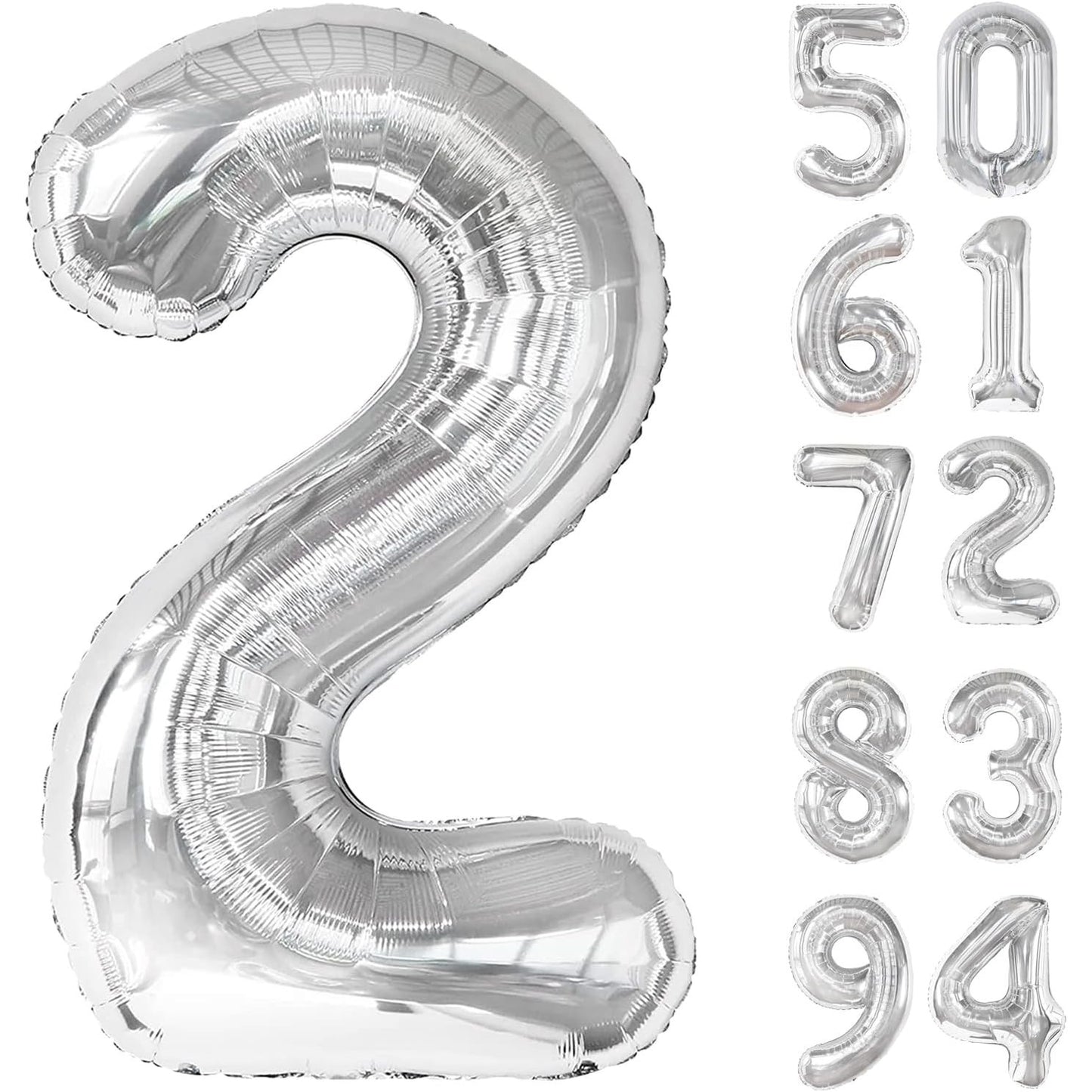 Balon din Folie Metalizata, Figurina Cifra, Tema Aniversare 100 cm, Ambalaj Individual, Pai inclus, Umflare cu Aer sau Heliu, Argintiu, Cifra 2
