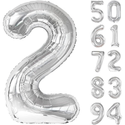 Balon din Folie Metalizata, Figurina Cifra, Tema Aniversare 100 cm, Ambalaj Individual, Pai inclus, Umflare cu Aer sau Heliu, Argintiu, Cifra 2