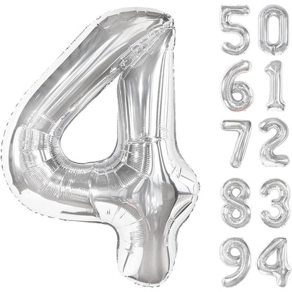 Balon din Folie Metalizata, Figurina Cifra, Tema Aniversare 100 cm, Ambalaj Individual, Pai inclus, Umflare cu Aer sau Heliu, Argintiu, Cifra 4