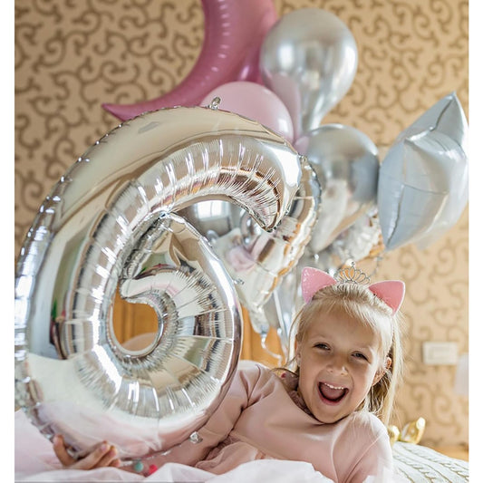 Balon din Folie Metalizata, Figurina Cifra, Tema Aniversare 100 cm, Ambalaj Individual, Pai inclus, Umflare cu Aer sau Heliu, Argintiu, Cifra 6