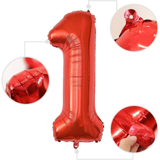 Balon din Folie Metalizata, Figurina Cifra, Tema Aniversare 100 cm, Ambalaj Individual, Pai inclus, Umflare cu Aer sau Heliu, Rosu, Cifra 1